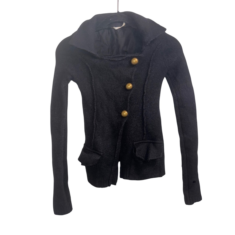 Free People Black Lambswool Floral Embroidered Military Button Cardigan XS FLAW